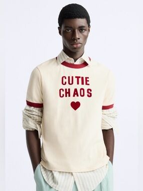 Zara X Harry Lambert Cream 'CUTIE CHAOS' Crewneck with Red Accents